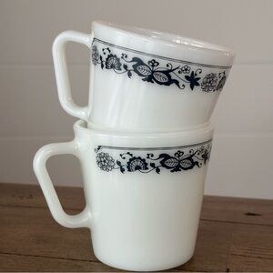 Vintage Pyrex Old Town Blue Onion White Milk Glass Mugs Set of 2